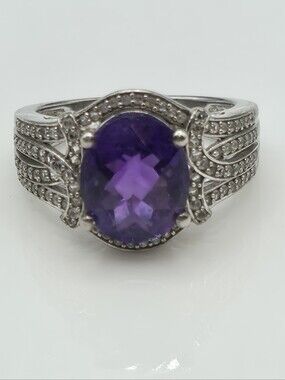Designer Signed Art Deco African Amethyst And White Topaz Ring